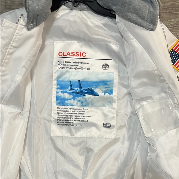 White NASA Bomber Jacket with Space Patches and Gray Hood - Picture 7 of 9